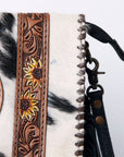 Western Hair-On Hide Sunflower Mini Crossbody Bag With Rustic Fringe Detailing Accents