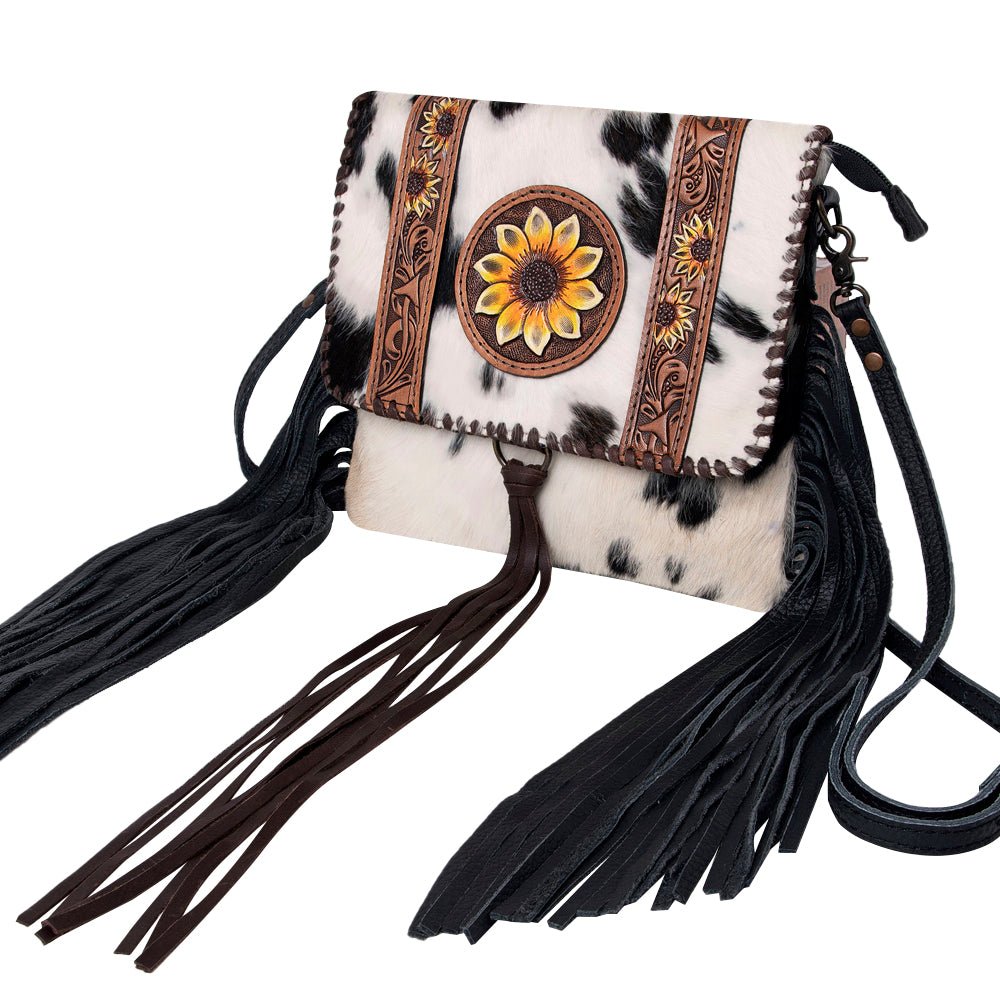 Western Hair-On Hide Sunflower Mini Crossbody Bag With Rustic Fringe Detailing Accents