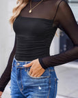 Sheer Mesh Patchwork High Neck Long Sleeve Top