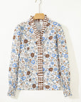 Floral Plaid Frilled Trim Long Sleeve Blouse