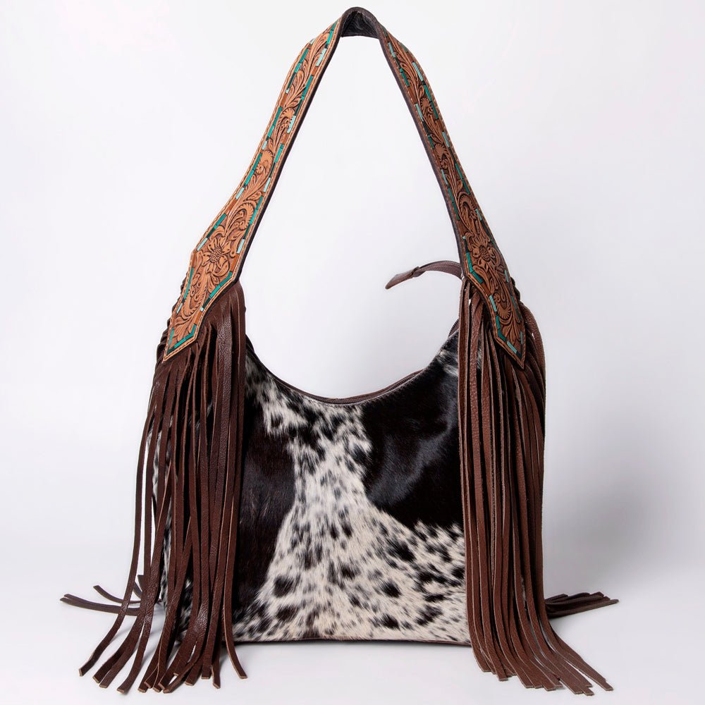 Tooled Leather Hobo Bag With Hair On Hide Western Style