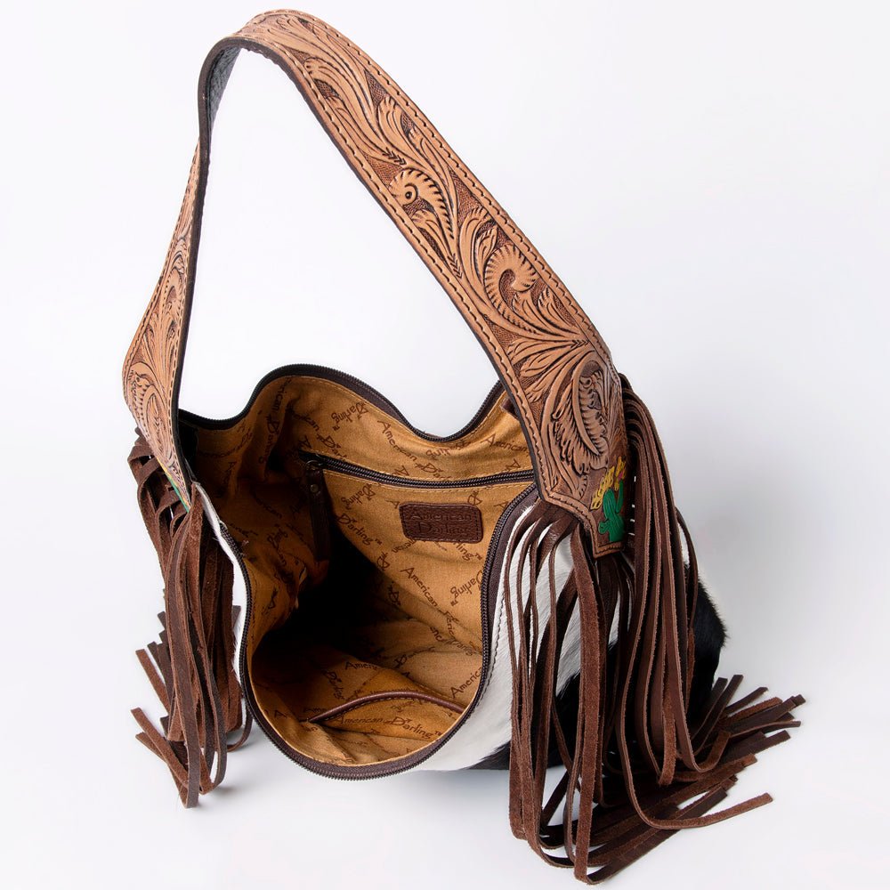 Tooled Leather Hobo Bag With Hair On Hide Western Style