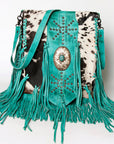 American Darling Messenger Bag Western Hair-On Cowhide Genuine Leather Handcrafted Purse with Fringes and Turquoise Stone