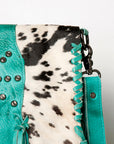 American Darling Messenger Bag Western Hair-On Cowhide Genuine Leather Handcrafted Purse with Fringes and Turquoise Stone