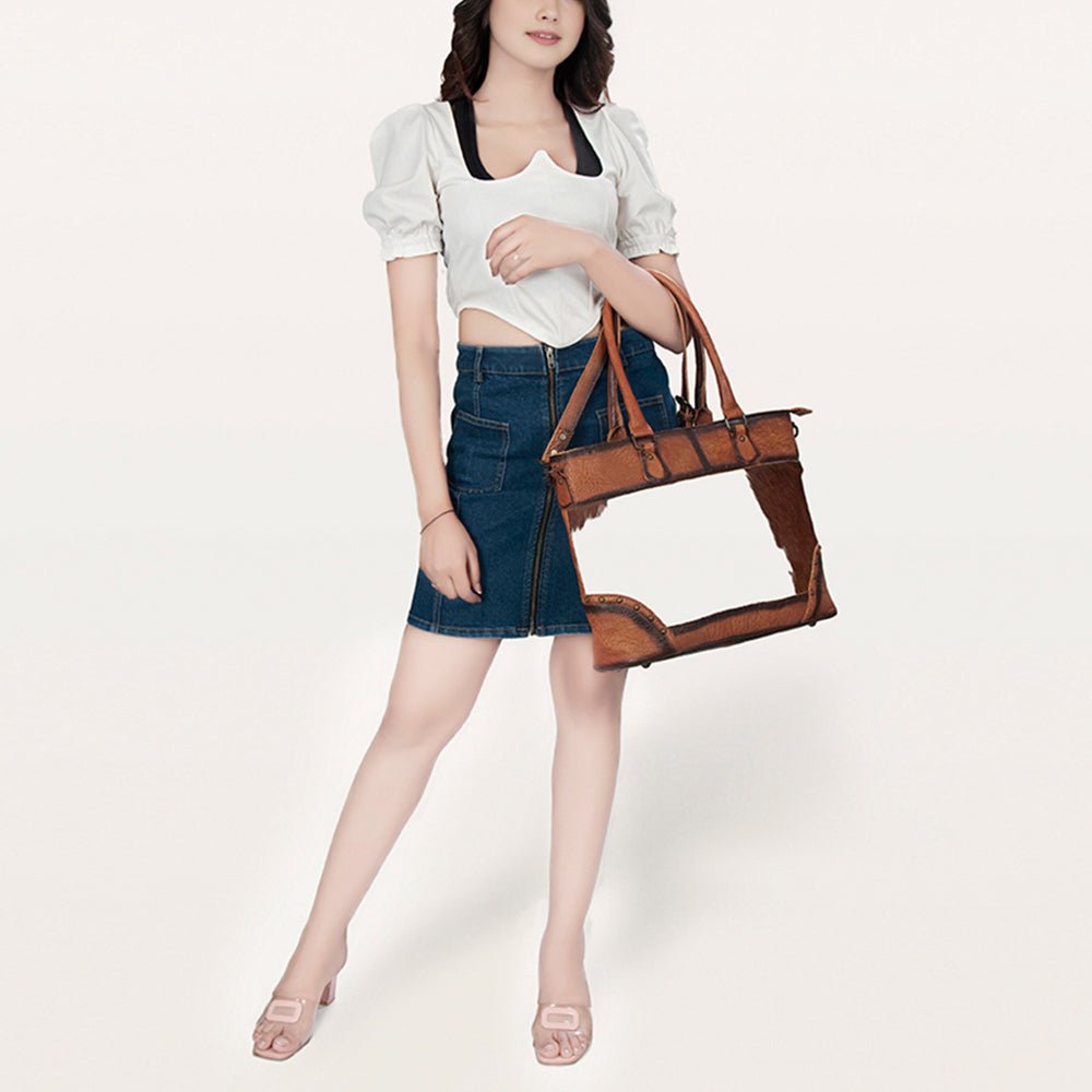 Hair-On Cowhide Tote Bag With Full-Grain Leather And Crossbody Strap Texas Handmade