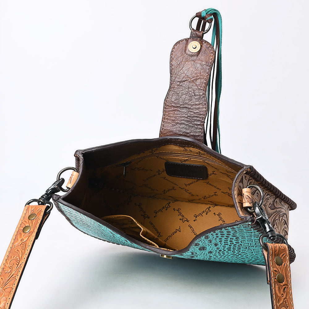 American Darling ADBG1039 Hobo Hand Tooled Crocodile Embossed Genuine Leather Women Bag Western Handbag Purse
