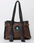 American Darling Tote Bag Western Genuine Leather Handcrafted Purse with Fringes and Turquoise Stone and Braided Handles