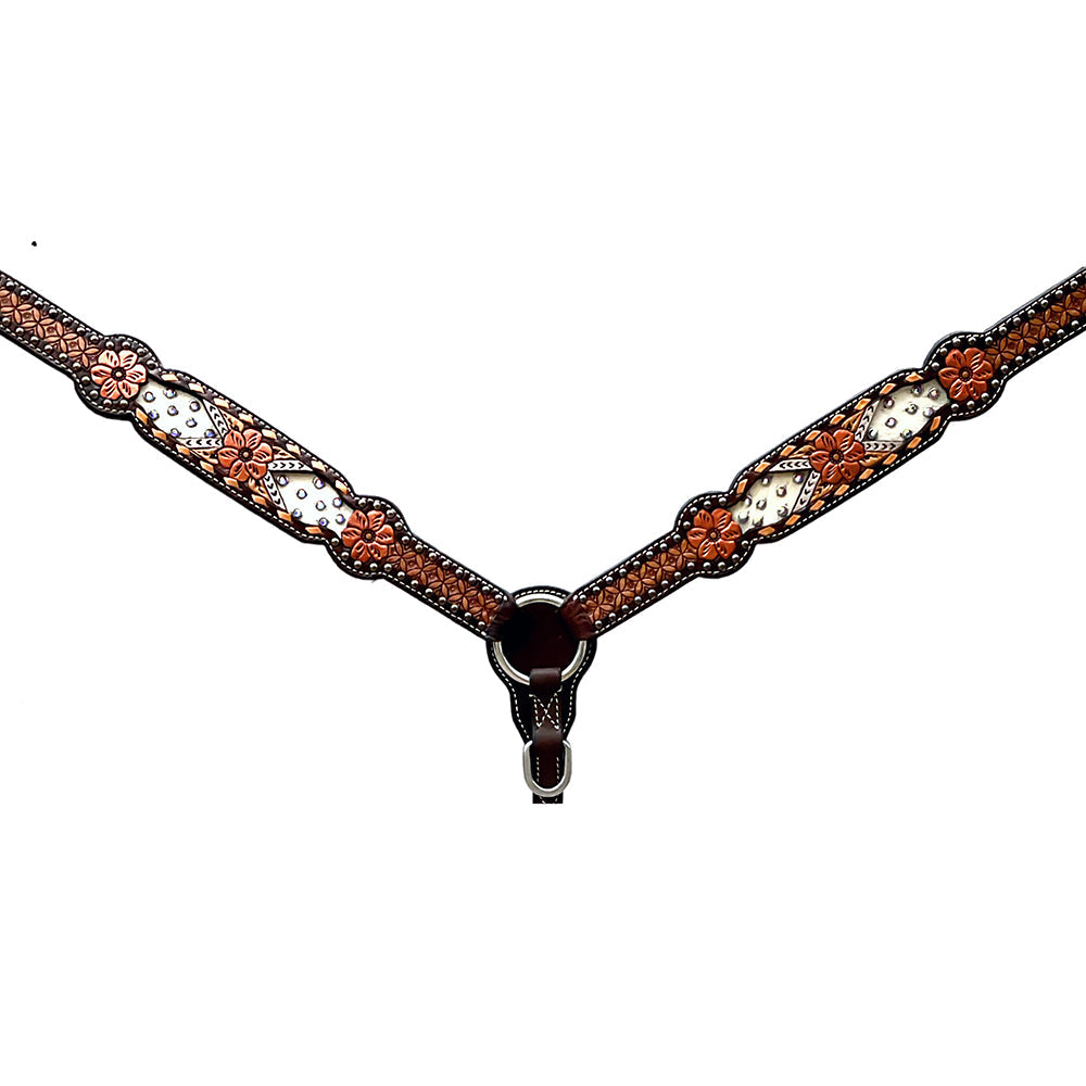 Bar H Equine Horse Genuine Leather Floral Design Breast Collar ,Headstall Brown