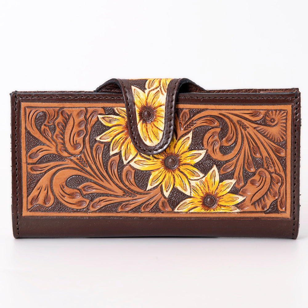 American Darling Hand-Tooled Leather Floral Wallet for Women – Genuine Full-Grain Leather Western Wallet with Sunflower Carving and Snap Closure