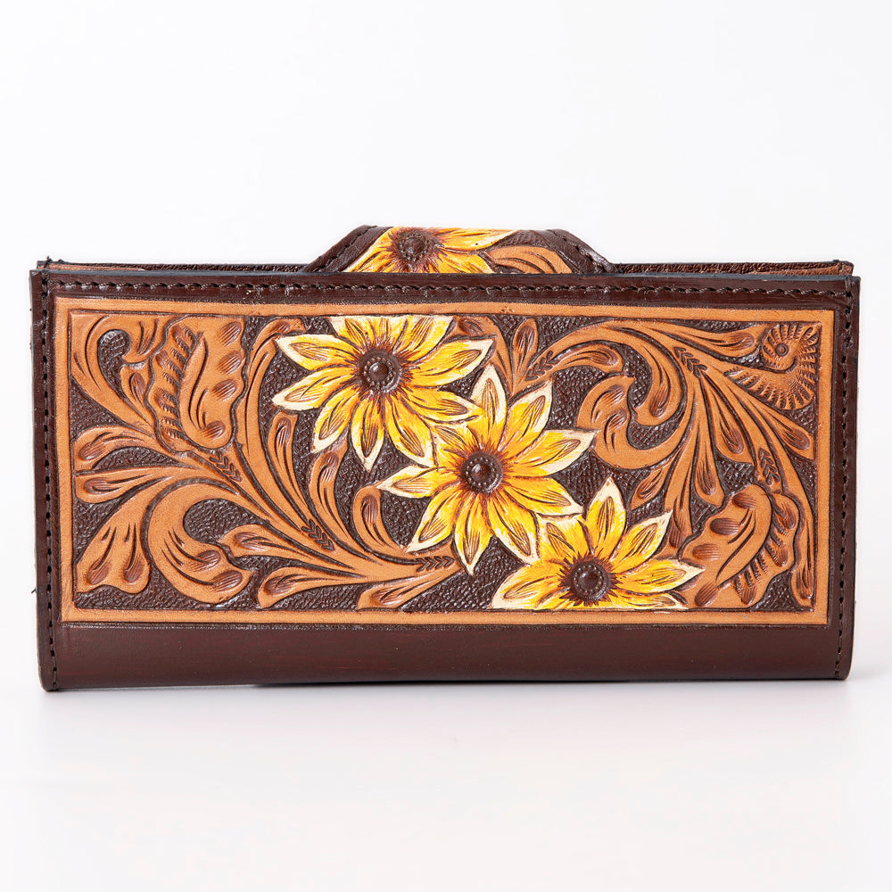 American Darling Hand-Tooled Leather Floral Wallet for Women – Genuine Full-Grain Leather Western Wallet with Sunflower Carving and Snap Closure