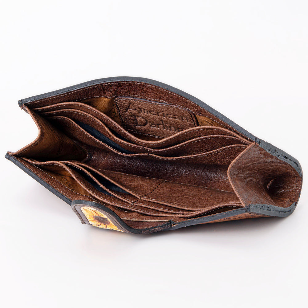 American Darling Hand-Tooled Leather Floral Wallet for Women – Genuine Full-Grain Leather Western Wallet with Sunflower Carving and Snap Closure