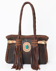 American Darling Tote Bag Western Genuine Leather Handcrafted Purse with Fringes and Turquoise Stone and Braided Handles