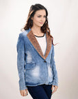 ADBZ702 Genuine leather Hand tooled hand carved Women 100% cotton Denim Blazer dress jacket ladies Girl