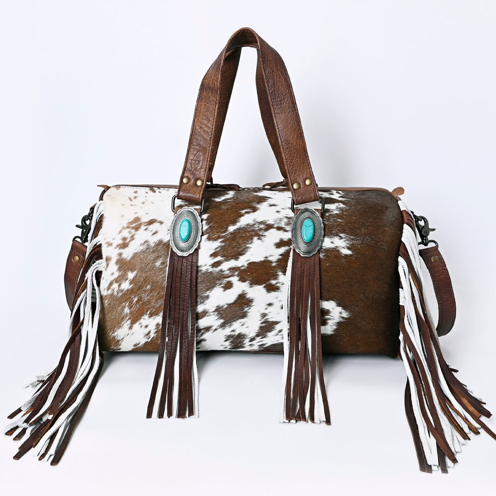 American Darling Hair-On Cowhide Western Leather Duffel Bag with Fringe, Genuine Leather Travel Bag, Weekend Carry Duffel