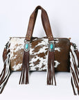 American Darling Hair-On Cowhide Western Leather Duffel Bag with Fringe, Genuine Leather Travel Bag, Weekend Carry Duffel