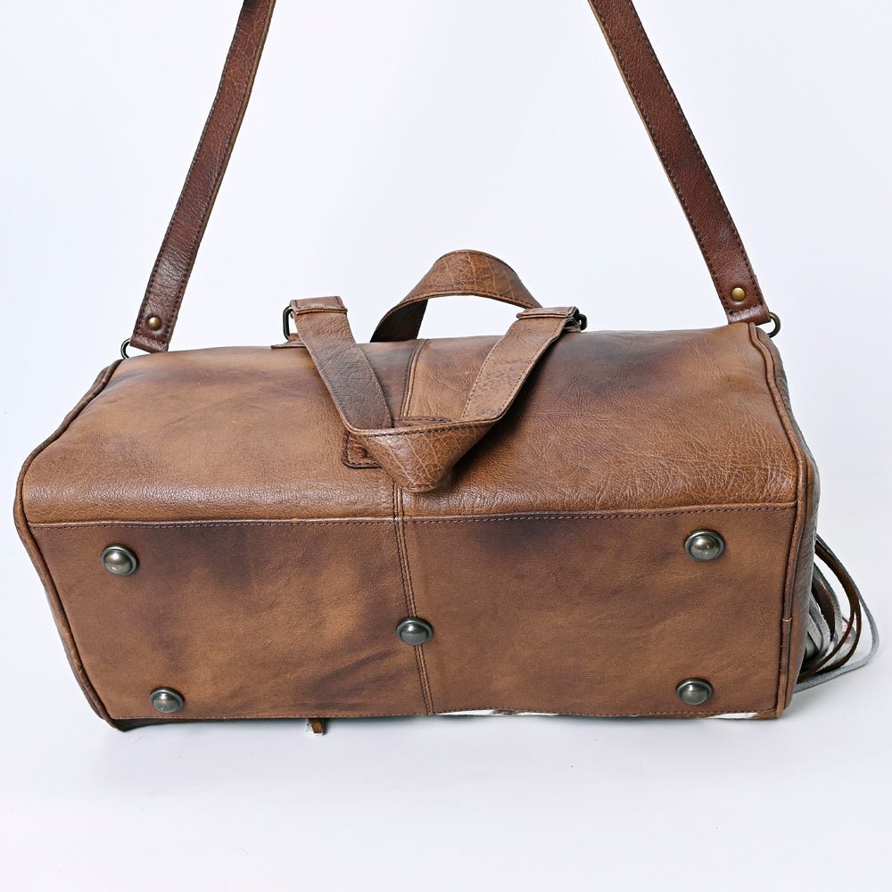 American Darling Hair-On Cowhide Western Leather Duffel Bag with Fringe, Genuine Leather Travel Bag, Weekend Carry Duffel