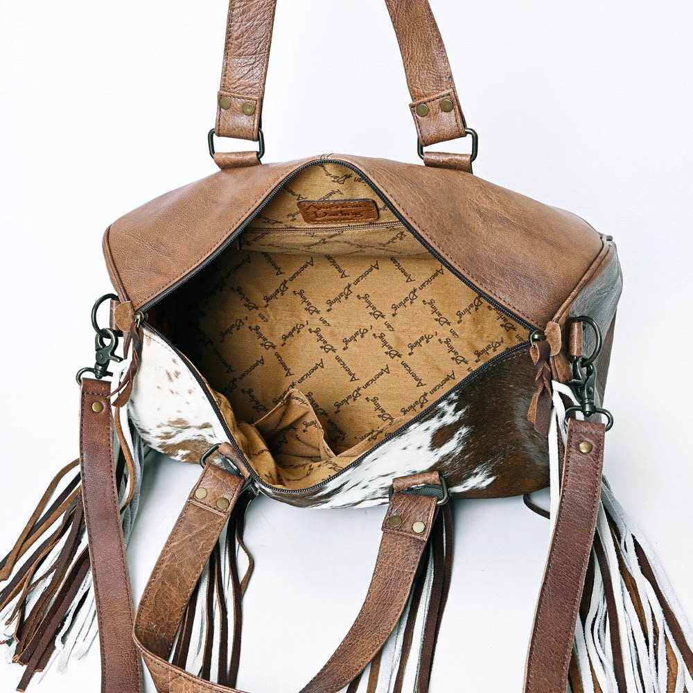 American Darling Hair-On Cowhide Western Leather Duffel Bag with Fringe, Genuine Leather Travel Bag, Weekend Carry Duffel