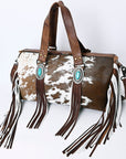 American Darling Hair-On Cowhide Western Leather Duffel Bag with Fringe, Genuine Leather Travel Bag, Weekend Carry Duffel