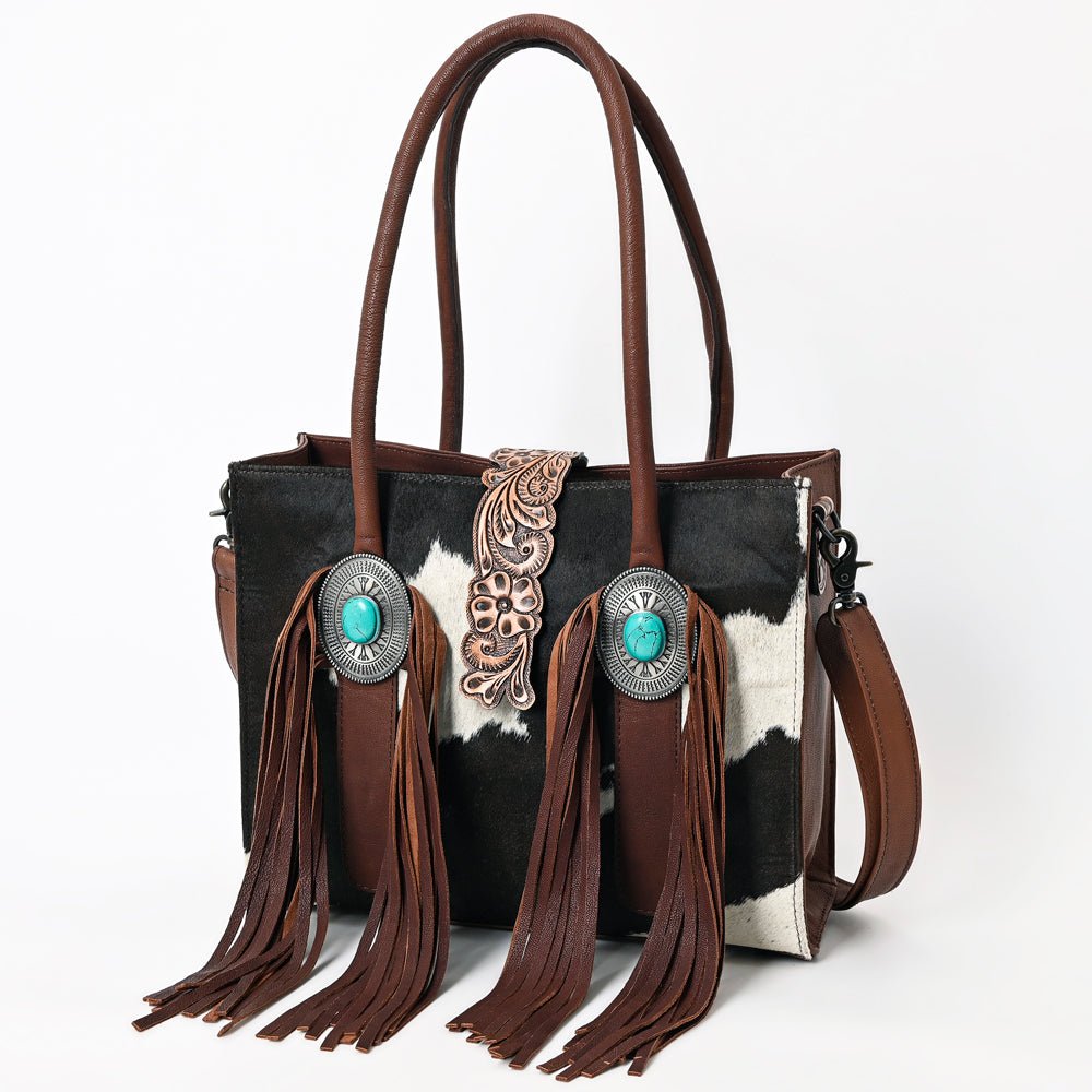 Hair-On Cowhide Western Leather Tote With Fringe