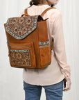 American Darling Hand-Tooled Leather Backpack, Genuine Leather Floral Carved Western Bag with Front Pocket, Everyday Travel Backpack