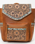 American Darling Hand-Tooled Leather Backpack, Genuine Leather Floral Carved Western Bag with Front Pocket, Everyday Travel Backpack