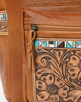 American Darling Hand-Tooled Leather Backpack, Genuine Leather Floral Carved Western Bag with Front Pocket, Everyday Travel Backpack