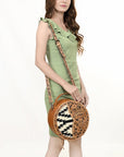 American Darling Hand-Tooled Leather Canteen Bag, Genuine Leather Round Crossbody with Woven Saddle Blanket and Floral Carving