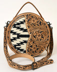 American Darling Hand-Tooled Leather Canteen Bag, Genuine Leather Round Crossbody with Woven Saddle Blanket and Floral Carving
