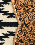 American Darling Hand-Tooled Leather Canteen Bag, Genuine Leather Round Crossbody with Woven Saddle Blanket and Floral Carving