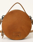 American Darling Hand-Tooled Leather Canteen Bag, Genuine Leather Round Crossbody with Woven Saddle Blanket and Floral Carving