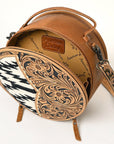 American Darling Hand-Tooled Leather Canteen Bag, Genuine Leather Round Crossbody with Woven Saddle Blanket and Floral Carving