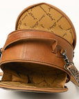 American Darling Hand-Tooled Leather Canteen Bag, Genuine Leather Round Crossbody with Woven Saddle Blanket and Floral Carving