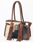American Darling Tote Bag Western Genuine Leather Handcrafted Purse with Fringes and Turquoise Stone and Braided Handles