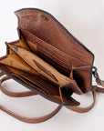 Compact Genuine Leather Western Clutch With Crossbody Strap And Multiple Interior Pockets