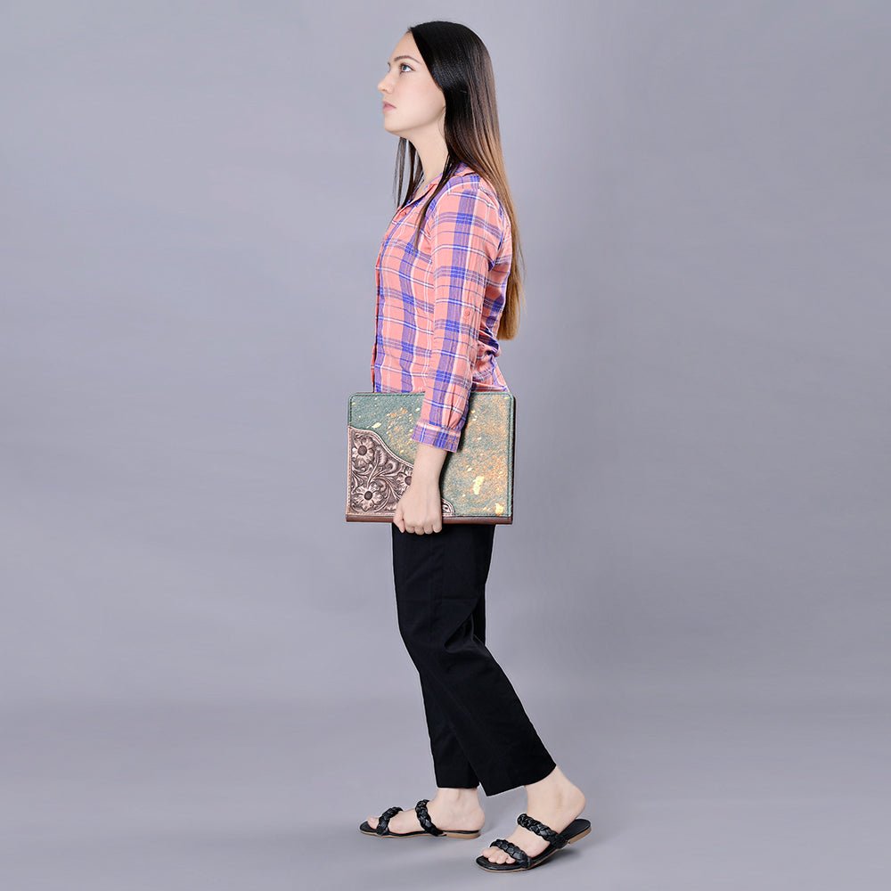 American Darling Portfolio Bag Hand Tooled Crocodile embossed Genuine Leather women bag western handbag purse - Everest Ranch