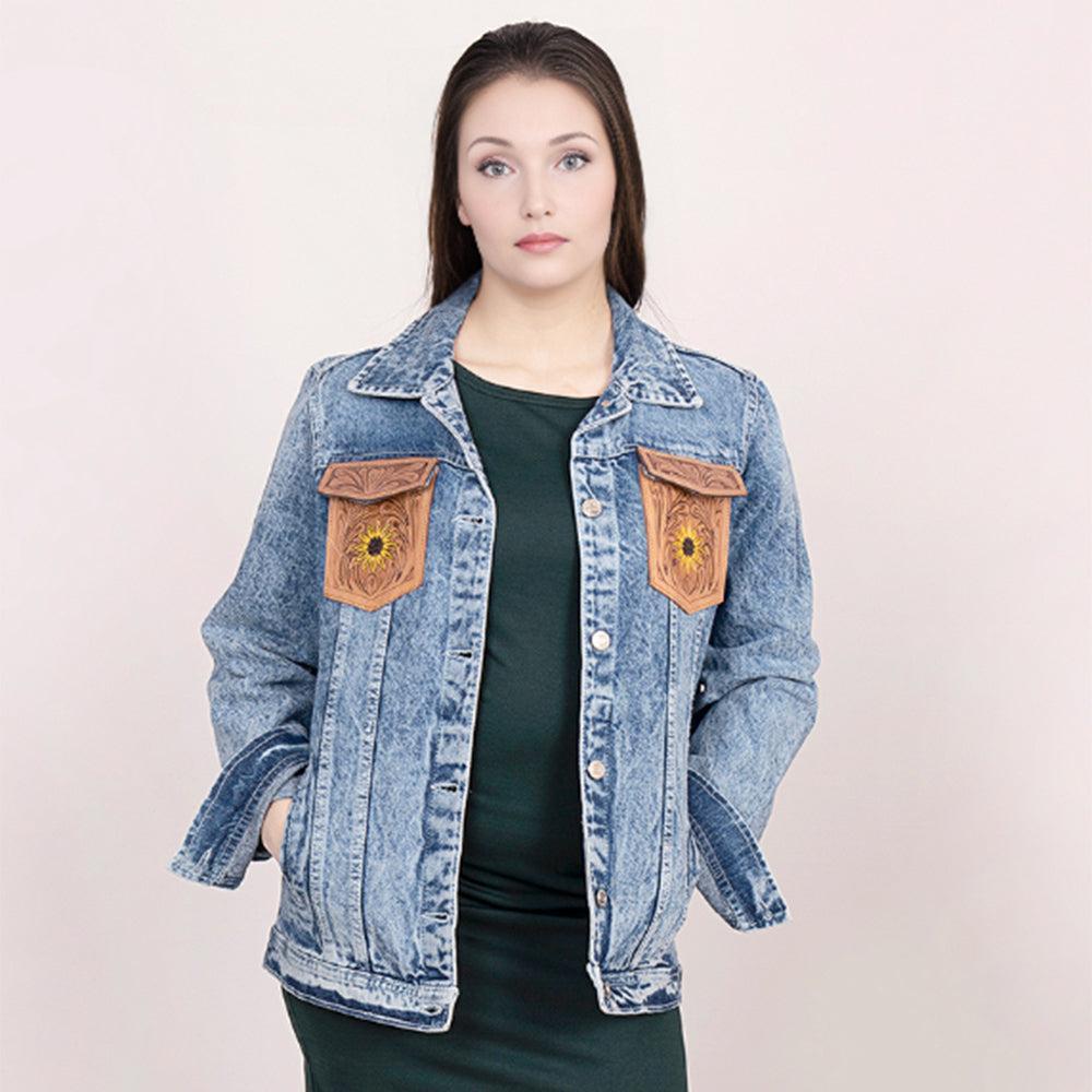 ADJKT002 Genuine leather Hand tooled hand carved Women 100% cotton Denim jacket  dress ladies girl