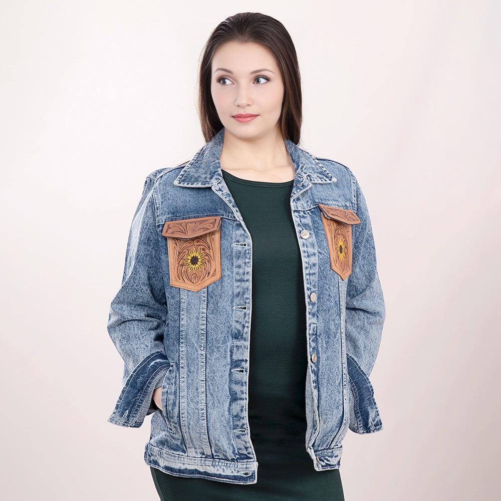 ADJKT002 Genuine leather Hand tooled hand carved Women 100% cotton Denim jacket  dress ladies girl