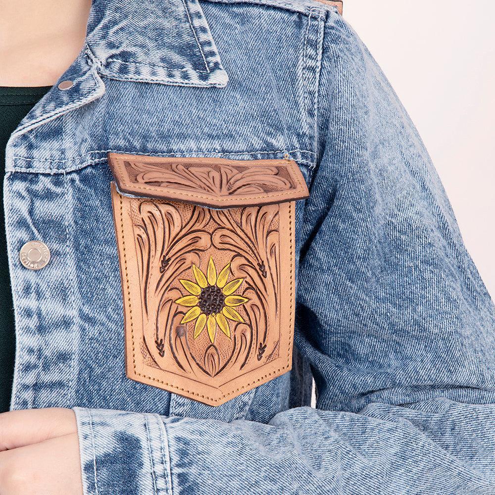 ADJKT002 Genuine leather Hand tooled hand carved Women 100% cotton Denim jacket  dress ladies girl