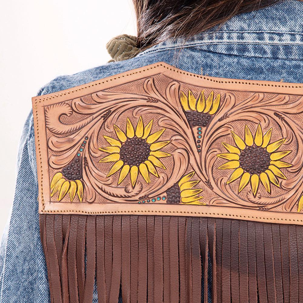 ADJKT002 Genuine leather Hand tooled hand carved Women 100% cotton Denim jacket  dress ladies girl