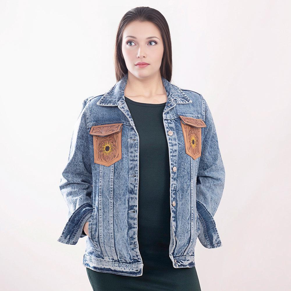 ADJKT002 Genuine leather Hand tooled hand carved Women 100% cotton Denim jacket  dress ladies girl