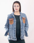 ADJKT002 Genuine leather Hand tooled hand carved Women 100% cotton Denim jacket  dress ladies girl