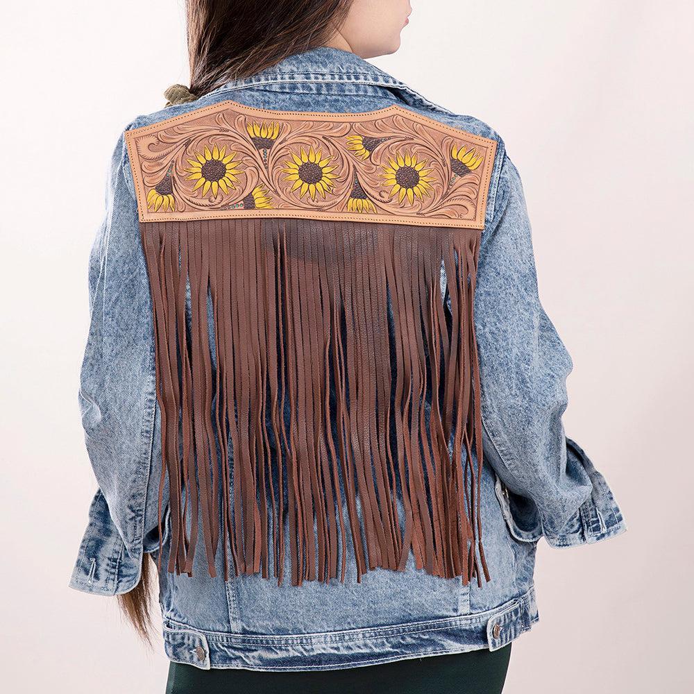 ADJKT002 Genuine leather Hand tooled hand carved Women 100% cotton Denim jacket  dress ladies girl