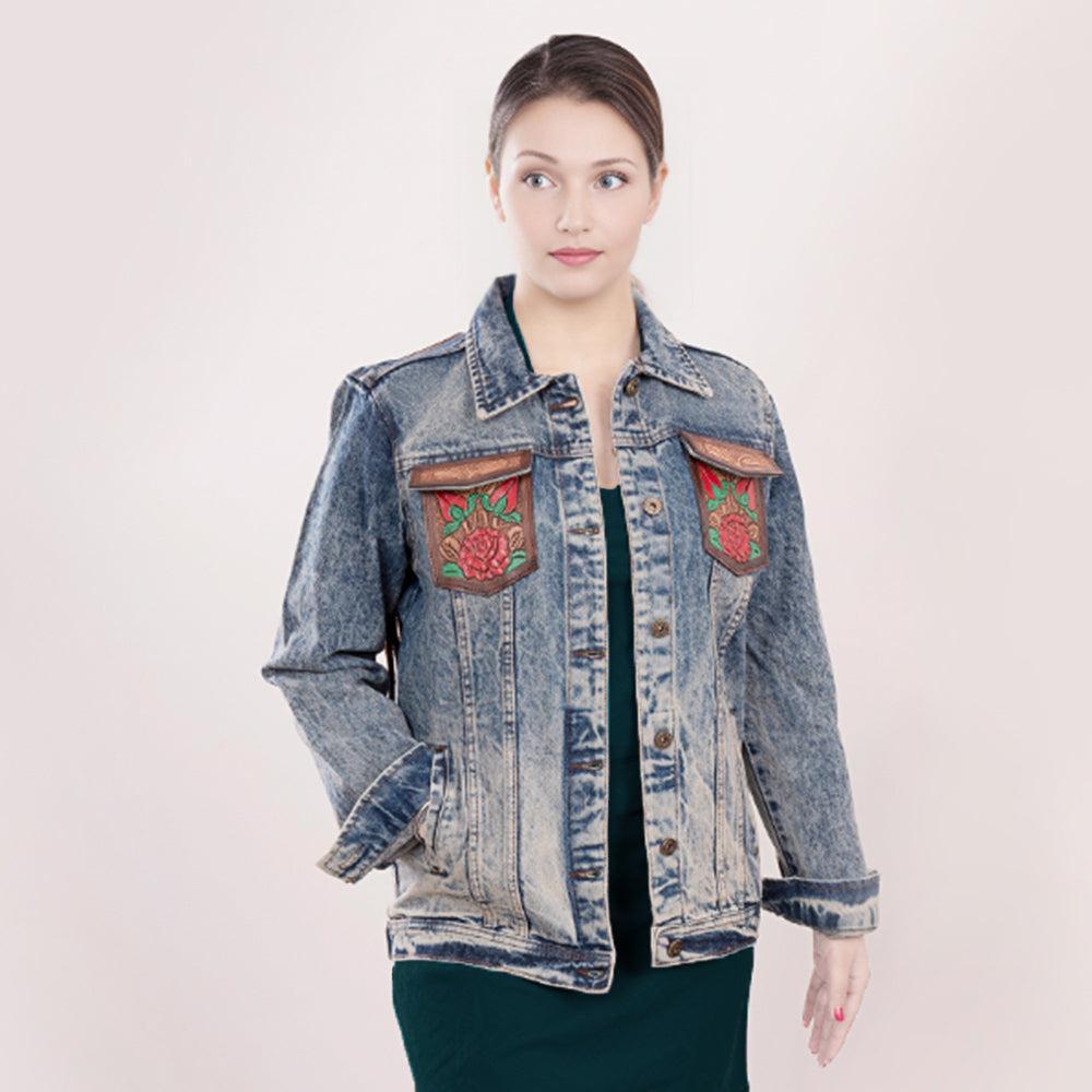 ADJKT003 Genuine leather Hand tooled hand carved Women 100% cotton Denim jacket  dress ladies girl