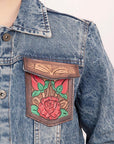 ADJKT003 Genuine leather Hand tooled hand carved Women 100% cotton Denim jacket  dress ladies girl