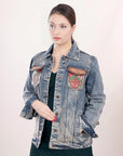 ADJKT003 Genuine leather Hand tooled hand carved Women 100% cotton Denim jacket  dress ladies girl