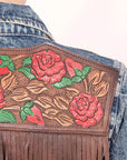 ADJKT003 Genuine leather Hand tooled hand carved Women 100% cotton Denim jacket  dress ladies girl