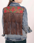 ADJKT003 Genuine leather Hand tooled hand carved Women 100% cotton Denim jacket  dress ladies girl