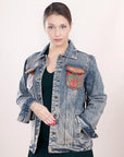 ADJKT003 Genuine leather Hand tooled hand carved Women 100% cotton Denim jacket  dress ladies girl