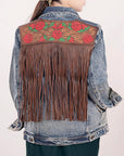 ADJKT003 Genuine leather Hand tooled hand carved Women 100% cotton Denim jacket  dress ladies girl