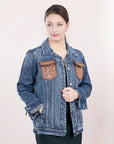 ADJKT004 Genuine leather Hand tooled hand carved Women 100% cotton Denim jacket  dress ladies girl